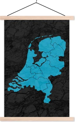 Produktbild von MuchoWow® Textilposter Karte - Niederlande - Blau 40x60 cm mit holzfarbenen Rahmen - Poster