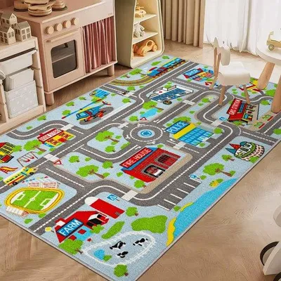 Immagine prodotto di Tappeto da gioco Unyqoos® con mappa della città – color pastello, 100 x 160 cm, lavabile in lavatrice, base in TPR antiscivolo, ideale per la cameretta dei bambini