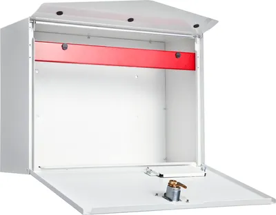 An open white mailbox with a red bar inside and a brass lock on the front flap.