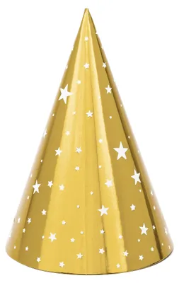 Produktbild von 6 Partyhüte aus Pappe Gold mit weißen Sternen 16 cm für Geburtstage -