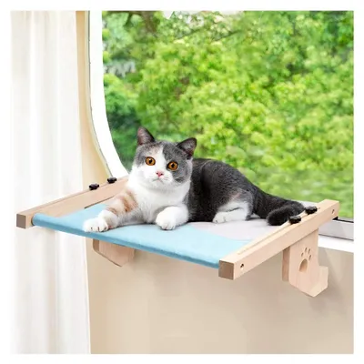 Produktbild von Katzenfenstersitz, Katzenbett Hängematte aus Holz mit verstellbarer Sitzstange für Katzenfenster, abnehmbares und waschbares weiches Pad, belastbar bis 40 lbs
