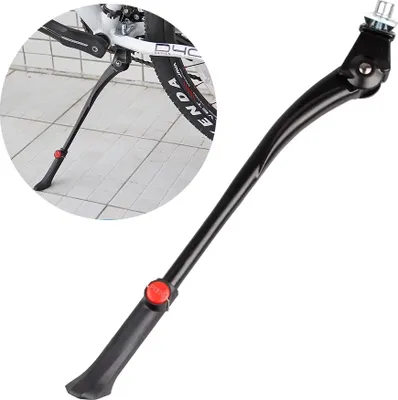 A black bicycle kickstand is shown against a white background. A circular inset shows the kickstand attached to a bicycle.