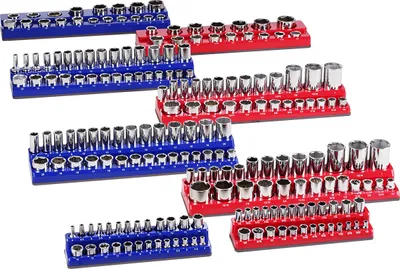 Obrázek produktu pro SucceBuy Magnetická sada organizérů na zástrčky, 8 dílů, 1/4 palce, 3/8 palce, 1/2 palce SAE metrické zásobníky, až pro 199 zástrček, modrá a červená barva