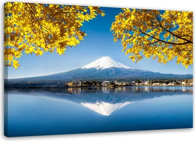 Produktbild von Leinwandbild berg fuji see und gelbe blätter 100x70 cm Feeby blau wandbild bereit zum aufhängen