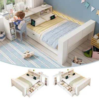 Obrázok produktu pre Postel s úložným priestorom 140x200 cm s 2 zásuvkami, LED osvetlením, zásuvkami, USB-A/USB-C portami, výsuvnou pracovnou plochou a odkladacími priehradkami, biela