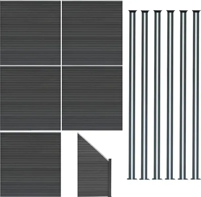 Produktbild von WPC Steckzaun x5, Eckstück x1 & LED Zaunpfosten x6, 1,85m Grau Gartenzaun