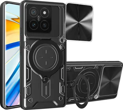 Immagine prodotto di Custodia per Xiaomi 14T Custodia resistente a doppio strato con copertura della fotocamera e supporto ad anello Nero