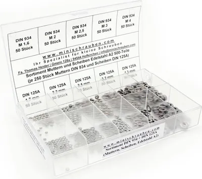 Produktbild von Sortiment mit Muttern (DIN 934) und Scheiben (DIN 125A) aus rostfreiem Edelstahl A2 (500 Teile) M 1,6 - M 2 - M 2,5 - M 3 und M 4