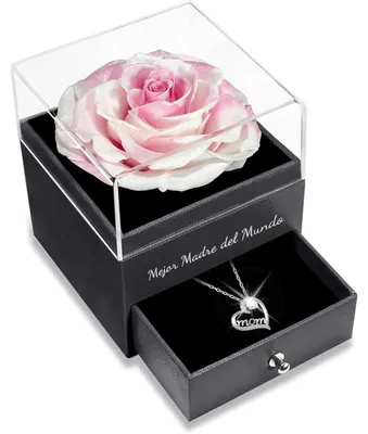 Immagine prodotto di Set regalo con rosa eterna e collana in argento sterling 925 con ciondolo "Mamma", ideale per la festa della mamma, il compleanno o San Valentino. Colore: bianco/rosa