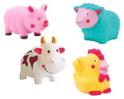 Obrázok produktu pre Hračky do vane vo forme hospodárskych zvierat, rozmery 7 x 7 x 7 cm. Sada 4 hračiek do vane s motívom hospodárskych zvierat