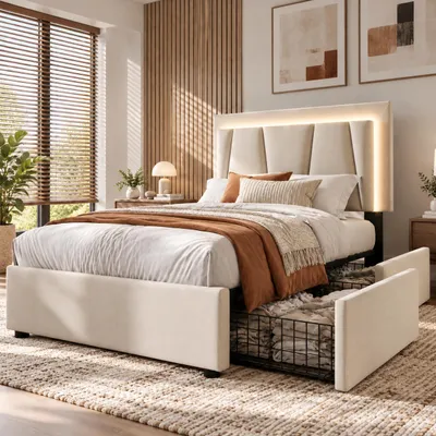 Produktbild von Flieks Polsterbett 90x200cm mit Lattenrost, Stauraumbett mit 2 Schubladen, Einzelbett Jugendbett mit Verstellbarem Kopfteil, Holzbett Leinen, Beige