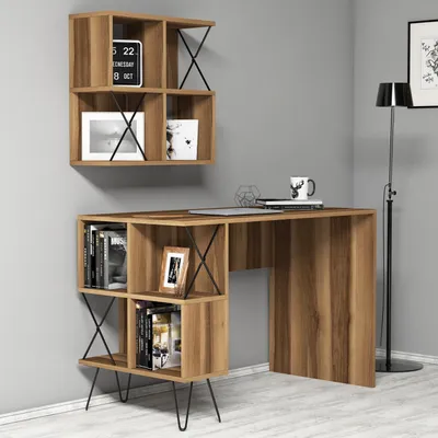Produktbild von Skye Decor, Moderner Schreibtisch mit Wandregal, Walnuss und Schwarz, 120 x 60 x 78,8 cm | 100% melaminbeschichtete Spanplatte, 18 mm dick | Vielseitig und funktional für Ihr Home Office.