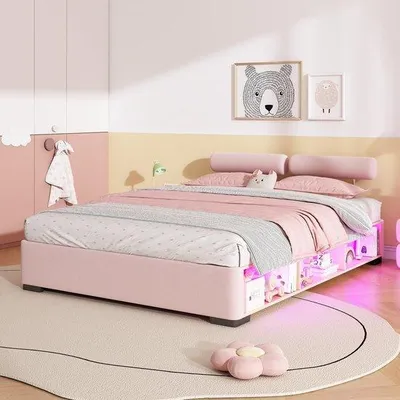 Obrázek produktu pro Dětská postel 140 x 200 cm s LED osvětlením a úložným prostorem - růžová