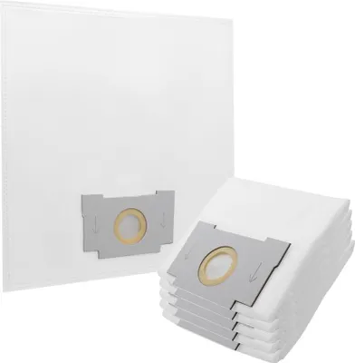 A stack of white vacuum cleaner bags with a gray connector in the foreground, and a single vacuum cleaner bag in the background.