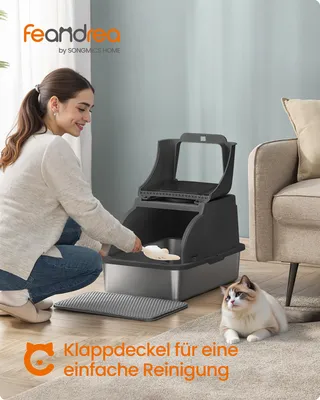 Produktbild von Feandrea Katzenklo Edelstahl, XL, Katzentoilette mit Deckel, mit Schaufel, Bürste und 2 Eingängen, für Katzen bis 15 kg, tintenschwarz