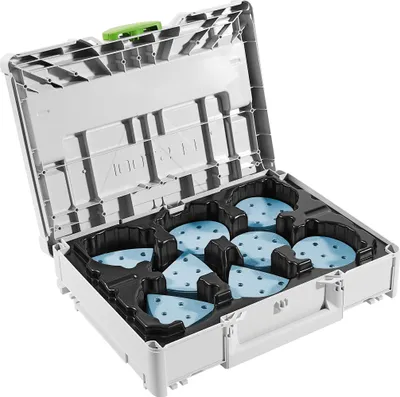Zdjęcie produktu dla Zestaw Festool Sys-Tainer³ SYS-STF D90/V93 GR z materiałami ściernymi w kolorze granatowym | 578196