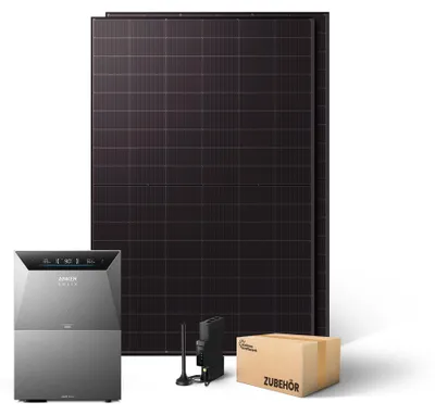 Produktbild von Kleines Kraftwerk 1000W Balkonkraftwerk ohne Halterung (bifazial) inkl. Anker Solarbank 4 + Zusatzbatterie – 0% MwSt – Solaranlage mit Speicher