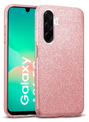 A rose gold glitter phone case is shown on a Samsung Galaxy A26 5G phone.