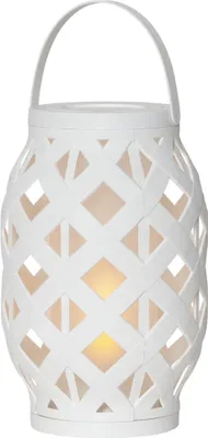A white LED lantern with a woven design and a handle.