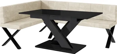 Produktbild von MEBLINI Eckbank für Esszimmer mit ausziehbarem Tisch  - Küchenbank - Essecke - Sitzecke Küche - PETER - X-Beine 142x196x87cm Links - Creme Samt/B Schwarz Hochgl.