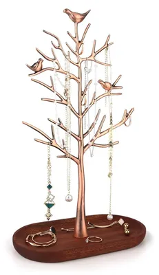 Produktbild von Schmuckständer Schmuckbaum Schmuckorganizer - Metall - 18 x 10 x 30 cm - Mit Holztablett - Für Ringe und Ketten