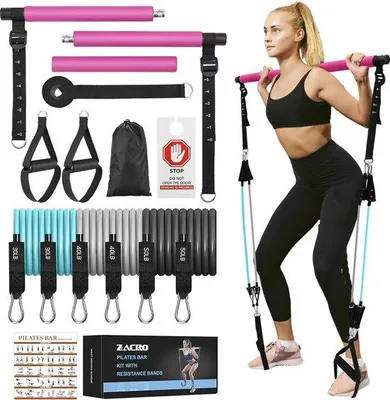 Produktbild von Famanu Pilatesstange mit Widerstandsbändern - Set mit verstellbarem Riemen und Fußschlaufe