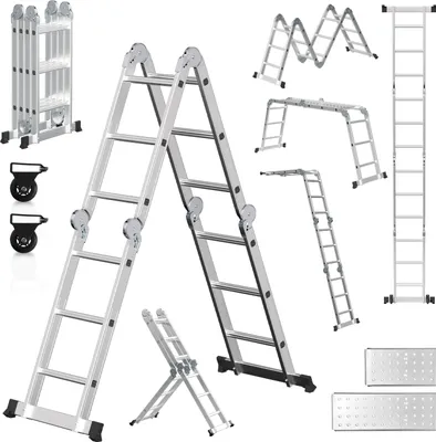 Produktbild von TolleTour 6 in 1 Leiter Mehrzweckleiter Alu Gelenkleiter Klappleiter 360cm Multifunktionsleiter Aluleiter Mit Plattform Bis 150KG 4 X 3 Stufen Silber
