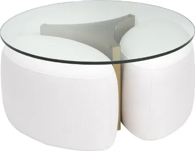 Produktbild von Casa Padrino Luxus Couchtisch Weiß / Antik Messingfarben Ø 104 x H. 46,5 cm - Runder Edelstahl Wohnzimmertisch mit Glasplatte und 3 eleganten Sitzhocker - Wohnzimmer Möbel - Luxus Möbel