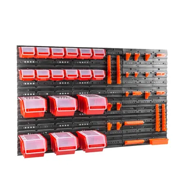 Image de Étagère murale d'atelier Support d'outils Boîtes empilables panneaux muraux avec boîtes Étagère de tri 18 pcs. Box avec couvercle Étagère murale 120 x 80 cm Porte-outils Étagère à bacs Bacs à bec Système de stockage en plastique