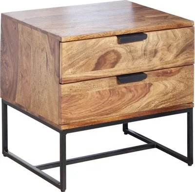 Produktbild von Nachttisch Sheesham Massivholz / Metall 50x40x51 cm Nachtschrank Boxspringbett, Design Nachtkonsole mit 2 Schubladen, Nachtkommode Industrial mit Stauraum