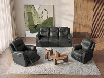 Produktbild von 3-Sitzer Ledersofa und 2 Sessel EVASION mit Relaxfunktion - Grau