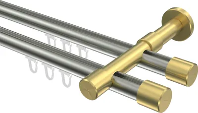 Produktbild von Interdeco Innenlaufstange / Gardinenstange mit Innenlauf Edelstahl-Optik / Messing-Optik, Typ Prestige Santo (Kappe), 20 mm Ø 2-läufig, 140 cm