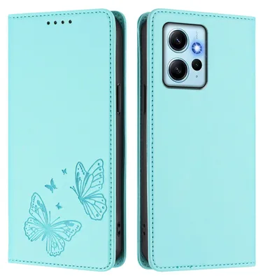 Produktbild von Lederhülle für Xiaomi Redmi Note 12 4G, Schmetterling Prägung Leder Brieftasche Schutzhülle mit Ständer Türkis
