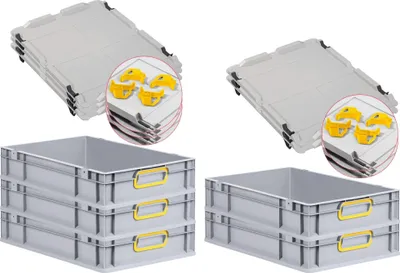 Produktbild von SparSet 5x Eurobox NextGen Color mit Auflagedeckel und Schiebeschnappverschlüsse | HxBxT 12x40x60cm | 23 Liter | Griffe gelb geschlossen | Glatter Boden | Eurobehälter, Transportbox, Transportbehälter, Stapelbehälter