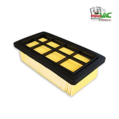 A rectangular air filter with yellow pleated material and a black frame, set against a white background. A logo is visible in the top right corner.