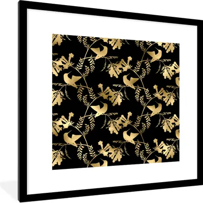 Produktbild von MuchoWow® Gerahmtes Poster Muster - Vögel - Gold 40x40 cm - Poster mit Schwarzem Bilderrahmen Wandposter Rahmen Foto Bilder - Poster - Plakat im Rahmen