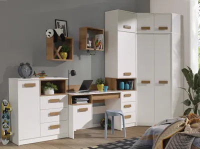 Produktbild von Design Möbel - Gustavo 10 Set - Schreibtisch mit großem Kleiderschrank, Kommode, Hängeregal, Regal, Einlegebode - Heimbüro, Büro, Schlafzimmer, Kinder
