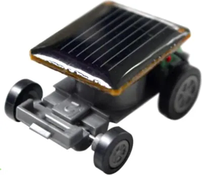 A small solar-powered toy car is shown against a white background.