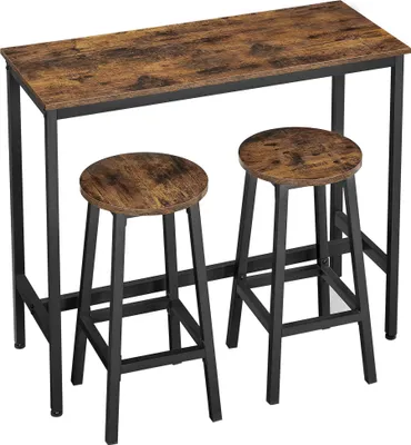 Produktbild von Bartisch-Set, Bartisch mit 2 Hockern, Stehtisch mit Barhockern | Modernes 3-teiliges Set platzsparend bis 100 kg belastbar mit Fußstützen | 100×40×90 / Ø 32×H 65 cm - Rustikal/Schwarz