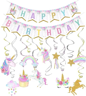 Productafbeelding van Unicorn versieringsset, banner en 30 hangspiralen, kleurrijk, voor kinderfeestje