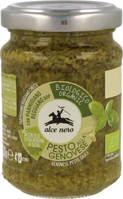 Produktbild von Alce Nero Pesto alla Genovese 130 g, Pesto Soße, 130 g, Basilikum*(41,4%), Sonnenblumenöl*, natives Olivenöl extra* (10%), Cashewkerne*, Salz,..., 467 kJ, 192 kcal, 2,7 g