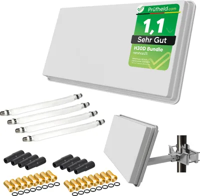 Produktbild von SAT Flachantenne Quad H30D4+ mit Fensterhalterung + 4 Fensterdurchführung + 16 F-Stecker + 8 Wetterschutztüllen (Full HD 4K UHD Sat Anlage für 4 Teilnehmer) netshop 25 Set