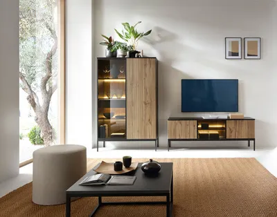 Produktbild von Wohnzimmer-Set Wohnwand Sento 2-teilig schwarz Wotan Eiche MDF