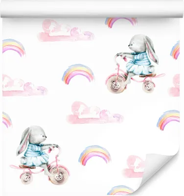 Obrázek produktu pro 10m VLIES TAPETE Roll Dětský pokoj Bunnies Bicycles Sky Rainbow XXL