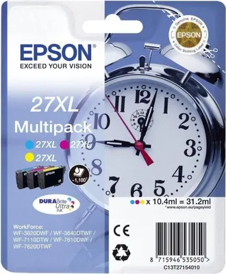 Zdjęcie produktu dla Epson 27XL Multipack - 3-pak - 31,2 ml - rozmiar XL - żółty, cyan, magenta - oryginalny - blister z alarmem RF - wkład atramentowy - do WorkForce WF-3620DWF, WF-3640DTWF, WF-7110DTW, WF-7610DWF, WF-7620DTWF (C13T27154022)