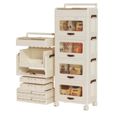 Produktbild von Heikoeco® Faltbare Schubladenboxen mit Deckel& Rollen, Rollcontainer mit Schubladen weiß, Schubladenschrank Kunststoff (4 Fächer mit 1 Schubladen)