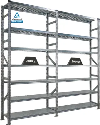 Produktbild von Fachbodenregal PROXIMO mit  Stecksystem | Komplettregal | HxBxT 250x240x50cm | 7 Ebenen | Beidseitig nutzbar | Verzinkt