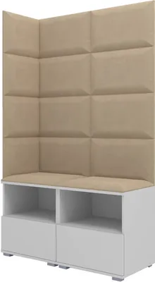 A corner bench with storage and padded wall panels.
