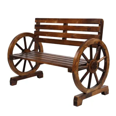 A wooden garden bench with wagon wheel accents, presented against a white background.