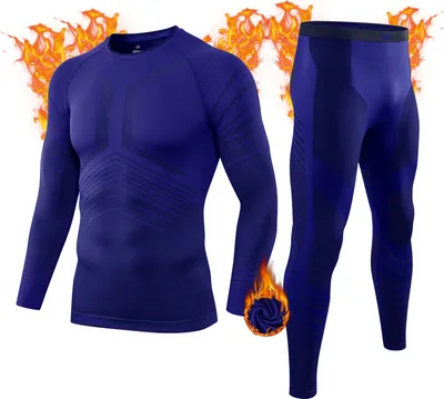 Produktbild von Herren Bambuskohlegewebe Fleece Unterhemd Thermowäsche Set, Thermounterhose+Thermounterhemd, 2er-Pack Blau S